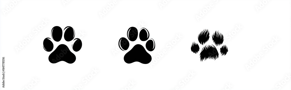 Vector graphic logo of three different cat feet prints, simple shapes and lines, vector graphics, white background, monochrome, simple shapes, Vector graphic logo of three different cat feet prints, simple shapes and lines, vector graphics, white background, monochrome, simple shapes,