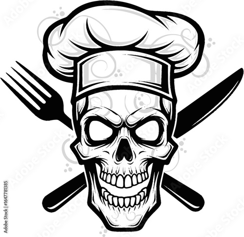 Vector Illustration of Skull Chef with Crossed Fork and Knife
