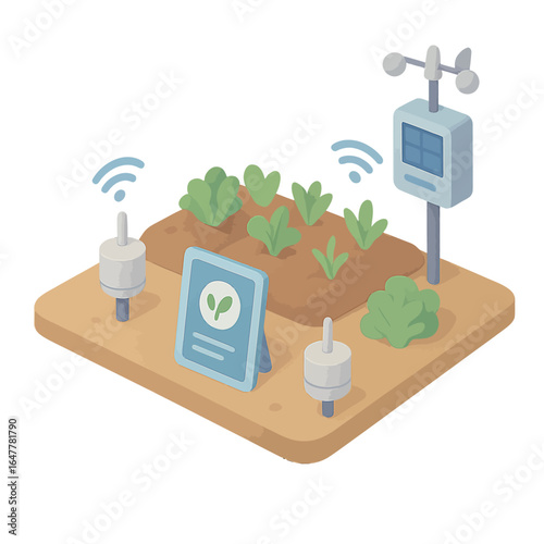 Isometric smart farm illustration with wireless soil sensors, a weather station, and a digital monitoring tablet.