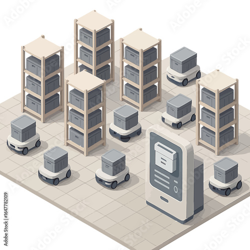 Isometric view of an automated warehouse with autonomous mobile robots, storage racks, and a control terminal.