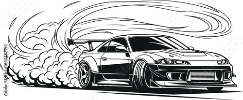 Illustration of a drifting car with smoke coming from the tires isolated on white background