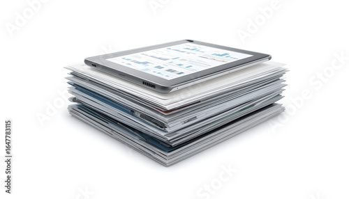 Modern tablet displaying financial charts atop a tidy stack of business reports and documents for analysis