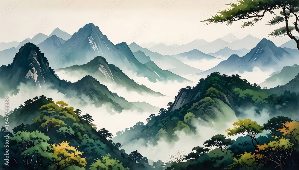 Obraz premium Serenity unfolds in a majestic mountain range, with lush forests embraced by gentle mist and