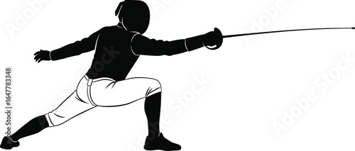 Silhouette of a fencer in action, demonstrating the sports agility and skill isolated on white background