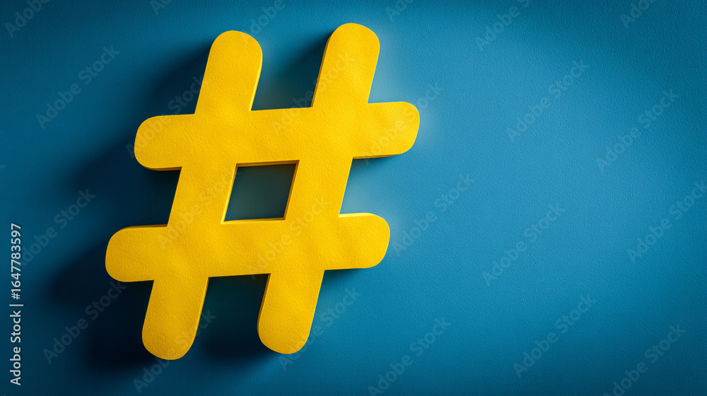 Obraz premium A close up of a yellow hashtag symbol against a blue background with soft lighting and shadows