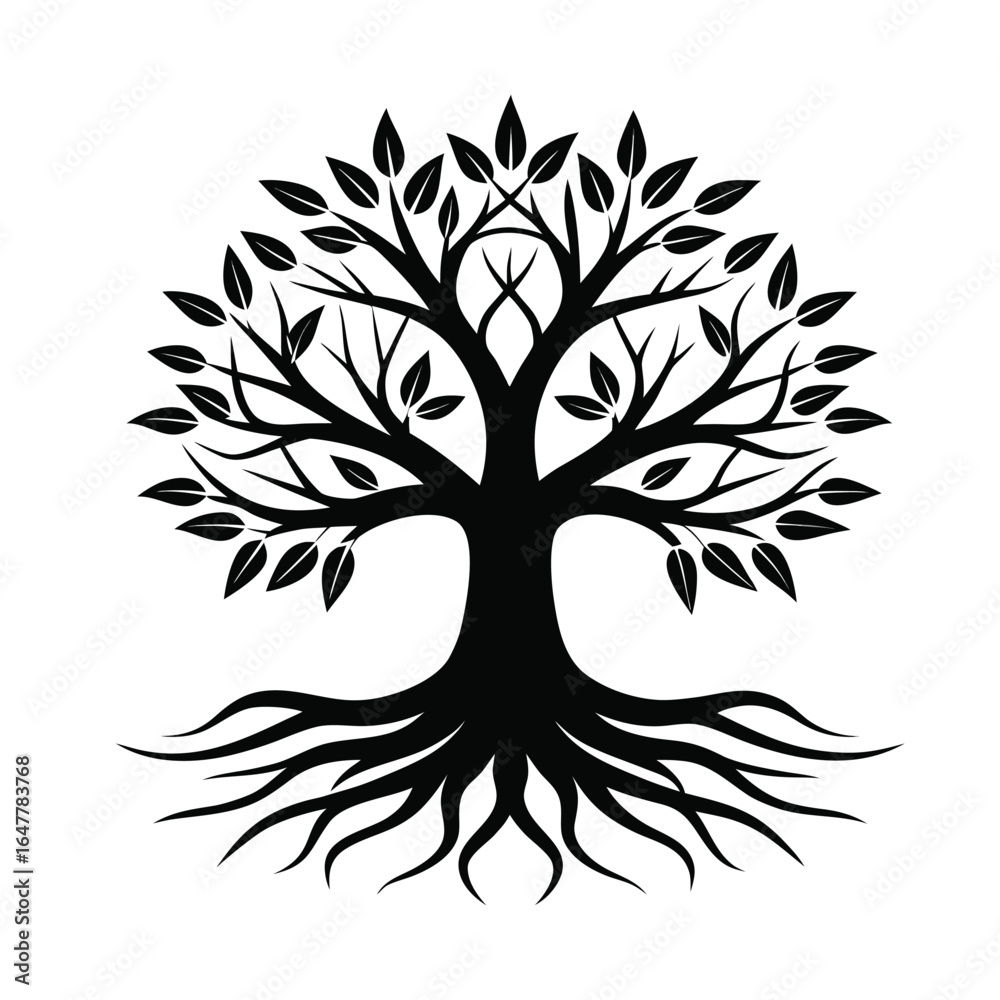 Obraz premium A beautiful tree silhouette vector with roots and branches is a simple black illustration for a nature-inspired design