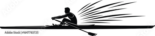 Silhouette of a rower in action, paddling with determination and speed isolated on white background