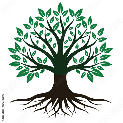 Vector silhouette illustration of a green tree with roots and leaves, symbolizing nature and growth through all seasons