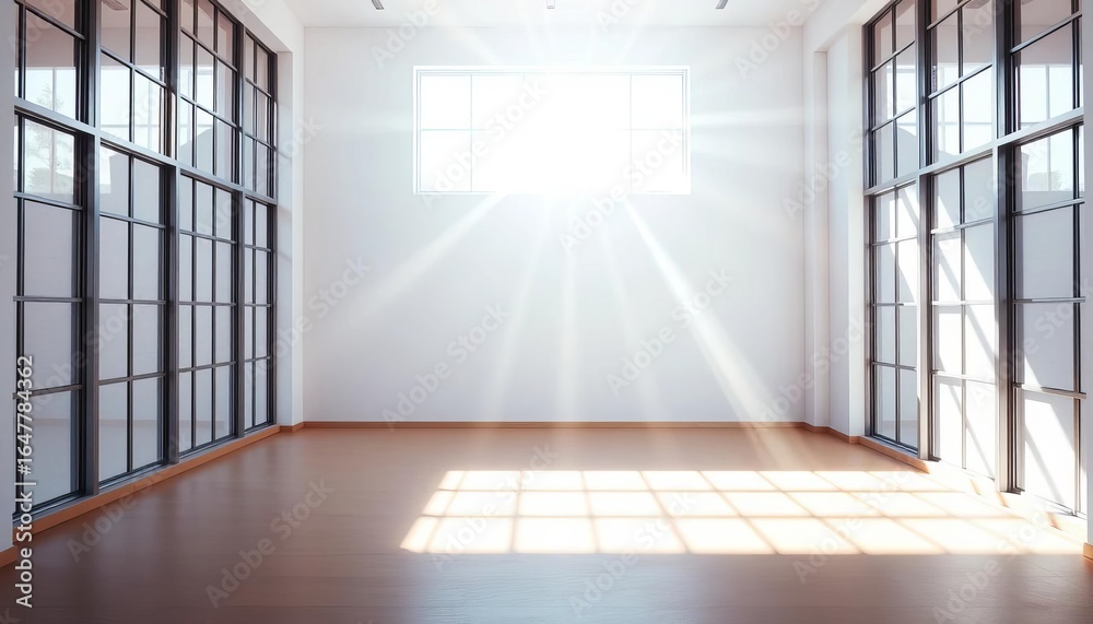 Fototapeta premium Bright sunlight streams through large windows illuminating a stark white wall, pure, white