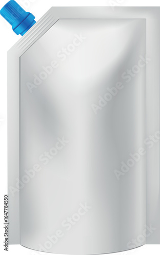 Pouch up bag mockup with blue spout lid on the corner, vector realistic 3D foil doy-pack food or drink products package