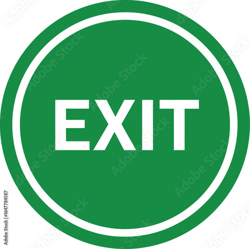 Green exit sign with white border isolated on white background indicating the direction of escape in case of emergency or fire in a building