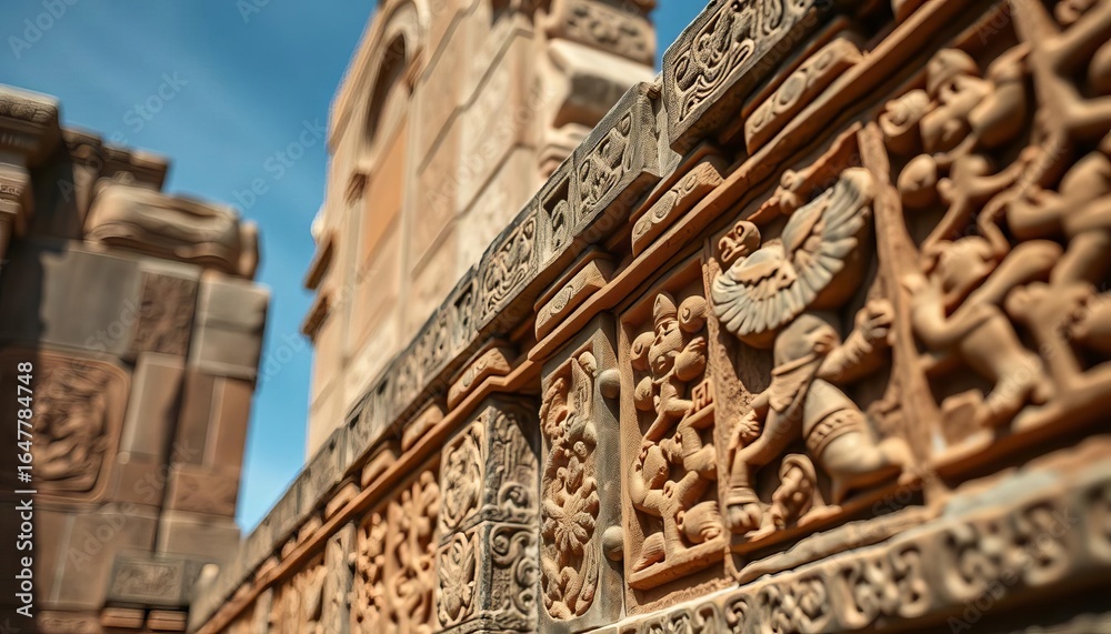 Obraz premium Close-up of ancient stone carvings on a world monument, intricate details visible, architecture, heritage