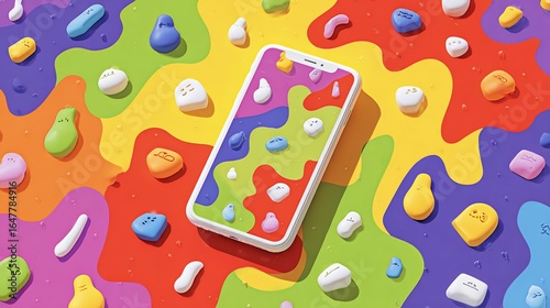 Phone displaying colorful paint art, surrounded by abstract, vibrant, and playful forms, for creative uses