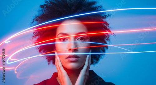 Ultra-Realistic Portrait of a people with Neon Double-Exposure Light Trails on Blue Background — Dynamic Motion Blur Photography