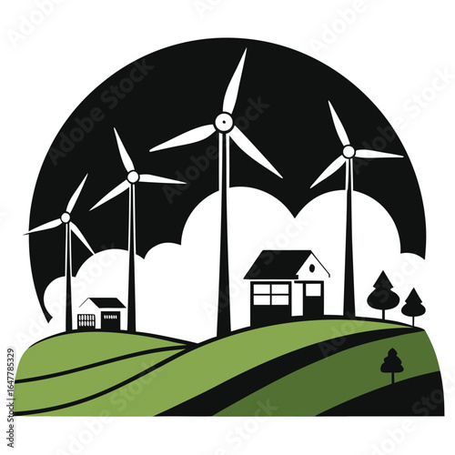 Wind turbines farm with green grass and blue sky renewable energy landscape