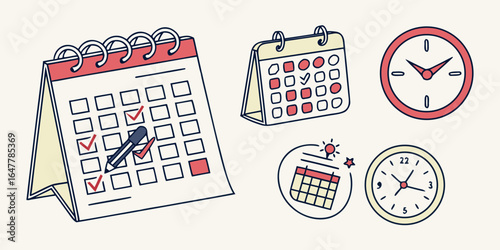 Illustration of calendars and clocks depicting time management and scheduling tasks for planning
