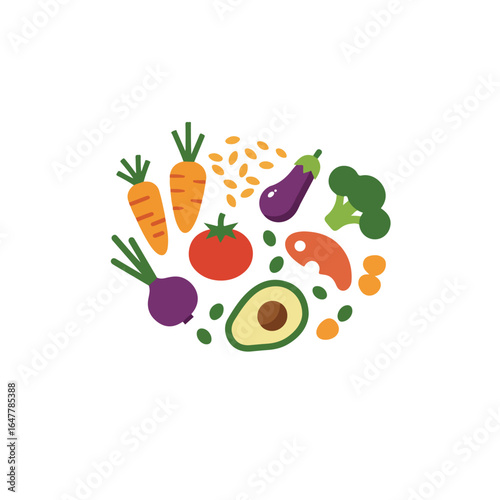 Colorful circle design featuring various fresh vegetables and fruits, suggesting a healthy diet.
