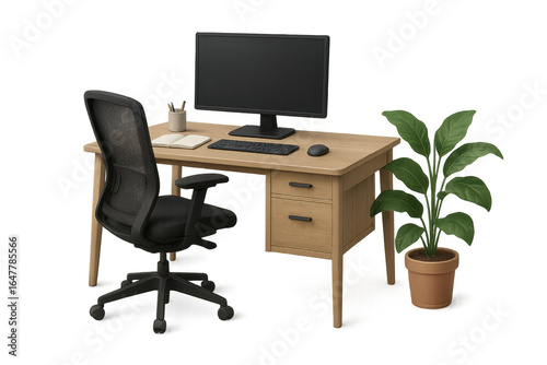 Modern office desk setup with computer, keyboard, mouse, chair and plant on transparent background