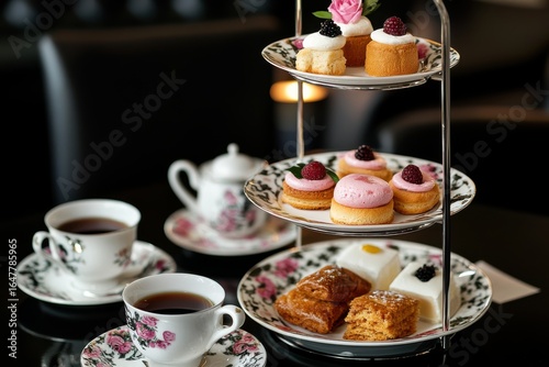 Wallpaper Mural Elegant High Tea Service Featuring Delicate Cakes, Tea Cups, and Floral Decorated China Setting Torontodigital.ca