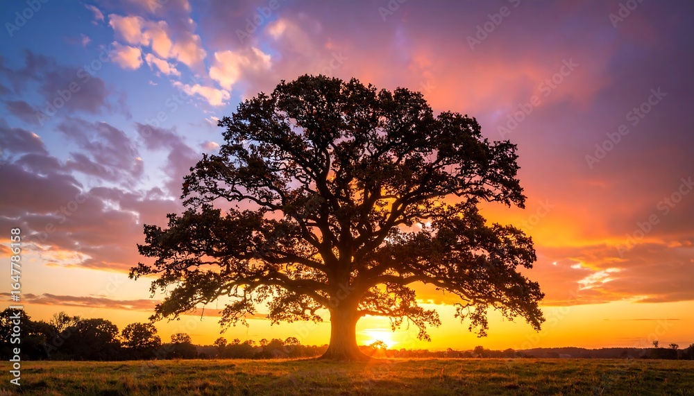 Fototapeta premium Silhouette of a majestic oak tree against a vibrant sunset sky painting with warm hues