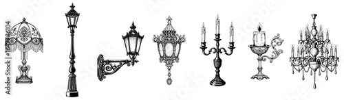 Set of various antique and decorative ornamental lighting fixtures including lamps, lanterns, candelabras and chandeliers. vector illustration