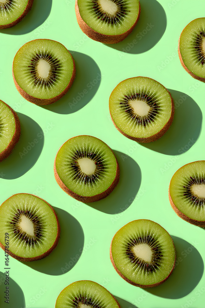 Fototapeta premium Kiwi slices arranged in geometric pattern on pastel green background create fresh, vibrant, and modern visual with natural texture and healthy appeal