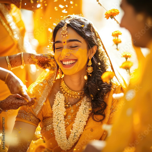 Young indian woman enjoying her haldi ceremony