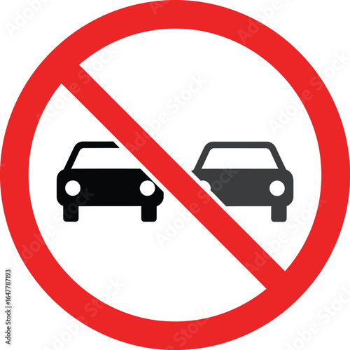 No overtaking road sign isolated on white background indicating a prohibition of passing other vehicles on the road for safety and traffic regulation