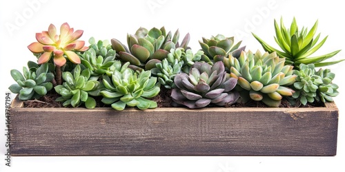 A wooden planter box filled with various succulents and cacti, arranged neatly in a row. The plants have vibrant green and pink hues, and the planter is set against a plain white background.