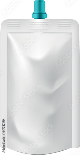 Pouch up bag mockup with aquamarine color spout lid, vector realistic 3D doy-pack foil food or drink products package