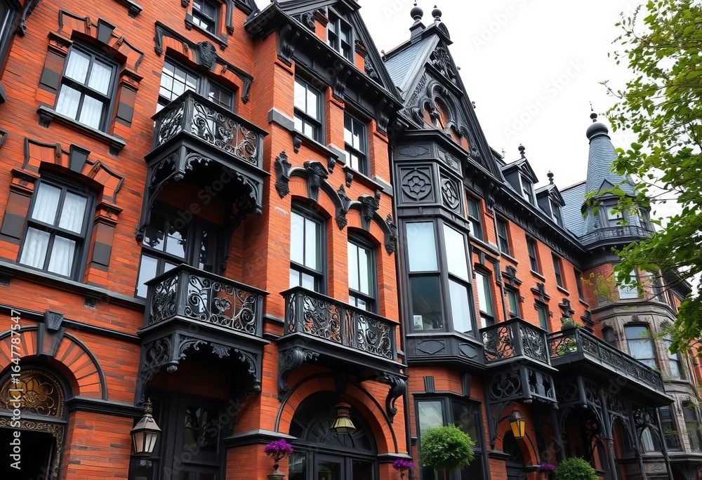Fototapeta premium Ornate Victorian architecture, intricate detailing, aged brick facade, background, style