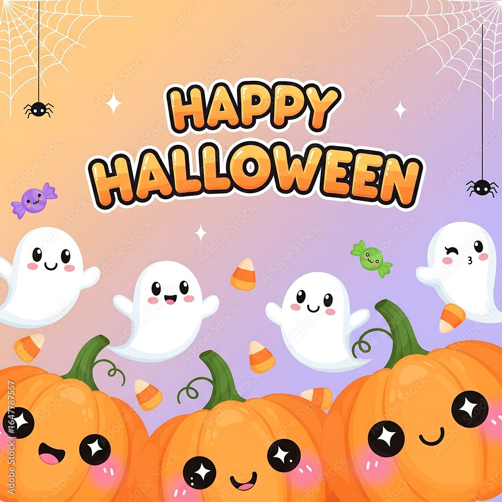 Fototapeta premium Cute ghosts and pumpkins celebrate happy halloween