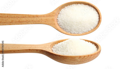 Wooden Spoons Filled with White Granulated Sugar Isolated on Transparent Background