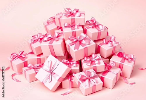 Pile of pink gift boxes with ribbons on a pastel background, valentines, mothers day