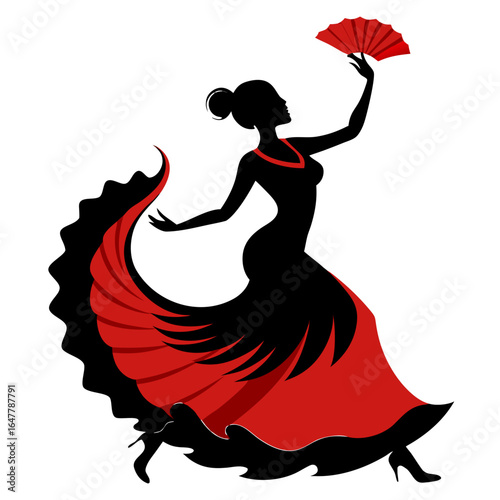 Flamenco Dancer Silhouette with Red Fan and Flowing Dress - Elegant Spanish Art