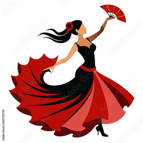 Flamenco Dancer in Black and Red Dress with Fan - Dynamic and Elegant Performance Art Illustration