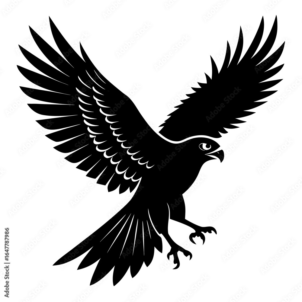 Fototapeta premium Black Silhouette of a Majestic Falcon in Flight with Wings Spread Wide, Talons Extended, and Sharp Eyes, Symbolizing Freedom, Power, and Precision