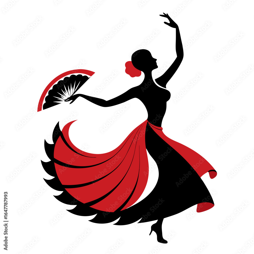 Obraz premium Flamenco Dancer Silhouette with Fan and Red Dress