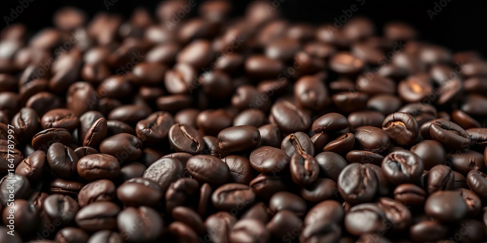 Fototapeta premium Rich, dark coffee beans close-up against a black backdrop, macro, mocha