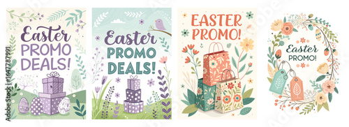 Colorful Easter promotional banners featuring gifts and floral designs, evoking holiday cheer.