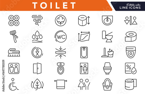 Toilet line icon set. Toilet, food court, elevator, exit door, standing, sitting, squatting. Hygiene, bidets, urinals, showers, bath, rest line icon set. Ui thin line icon pack.