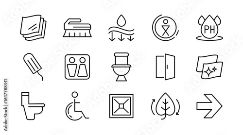 Toilet line icon set. Toilet, food court, elevator, exit door, standing, sitting, squatting. Hygiene, bidets, urinals, showers, bath, rest line icon set. Ui thin line icon pack.