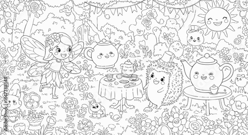 Enchanting forest tea party with a cute fairy, hedgehog, and kawaii teapots. Whimsical coloring page for kids and adults.