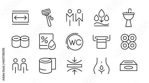 Toilet line icon set. Toilet, food court, elevator, exit door, standing, sitting, squatting. Hygiene, bidets, urinals, showers, bath, rest line icon set. Ui thin line icon pack.