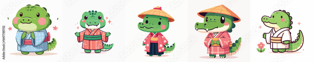 Obraz premium cute crocodile vector in kimono costume