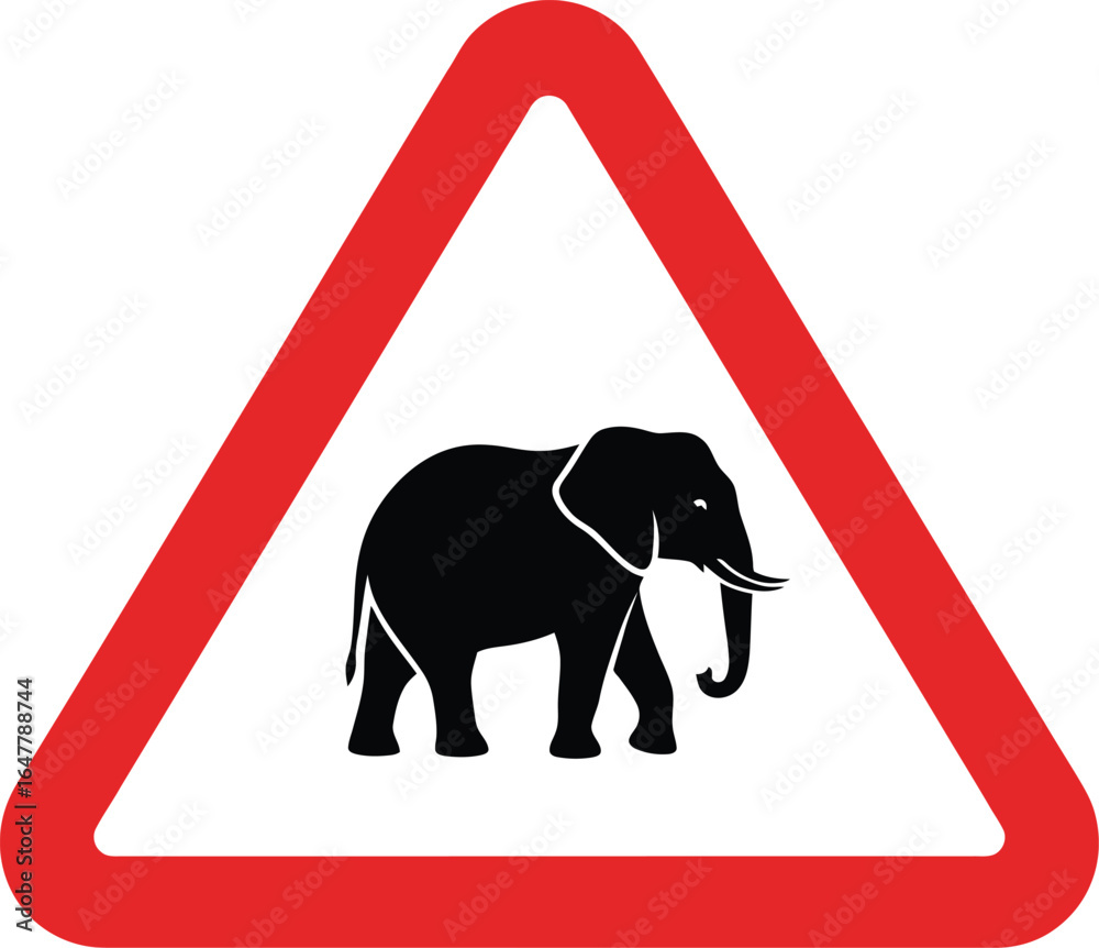 Obraz premium Warning sign depicting an elephant in a red triangle, isolated on white background, indicating the presence of elephants in the area and caution for drivers