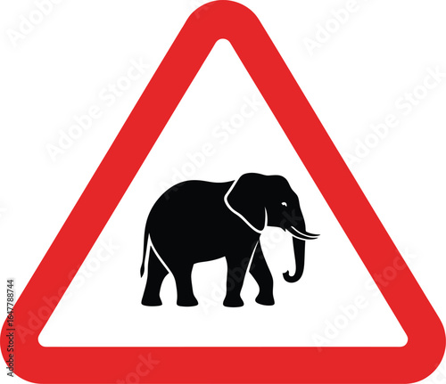 Warning sign depicting an elephant in a red triangle, isolated on white background, indicating the presence of elephants in the area and caution for drivers