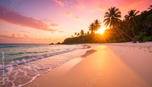 Pastel sunset over pink sand beach with soft colourful sky and tranquil tropical coastal scenery for serene nature landscape.

