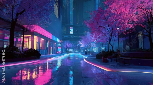 Vibrant neon city street at night reflecting colorful lights on wet pavement