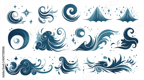 Collection of wind and weather icons in multiple styles, ideal for apps, climate maps, and weather-related designs.